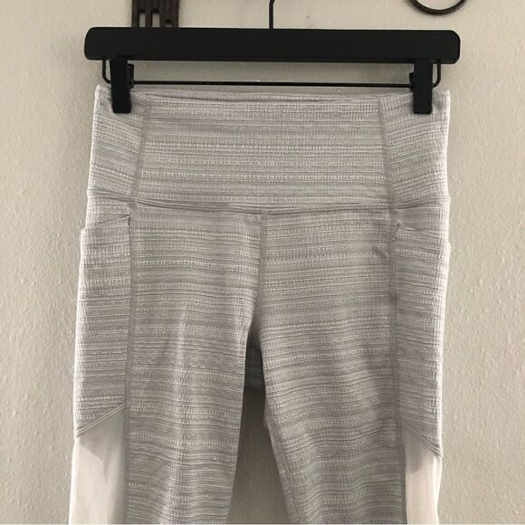 Athleta grey calf length white mesh panels yoga workout leggings women’s small - Picture 3 of 8